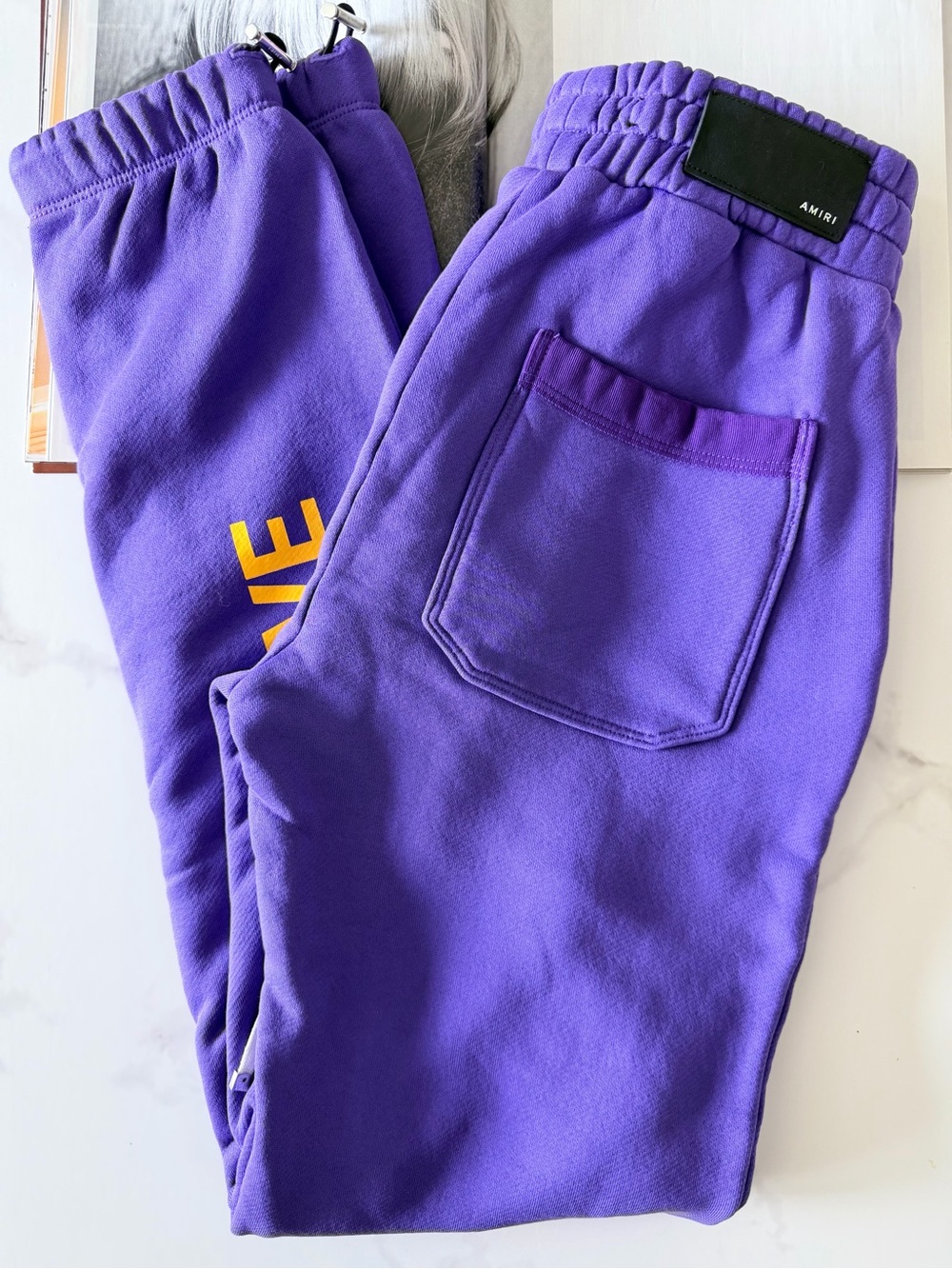 AMIRI, Small, Purple Sweatpants with Yellow Logo. Beverly Hills.